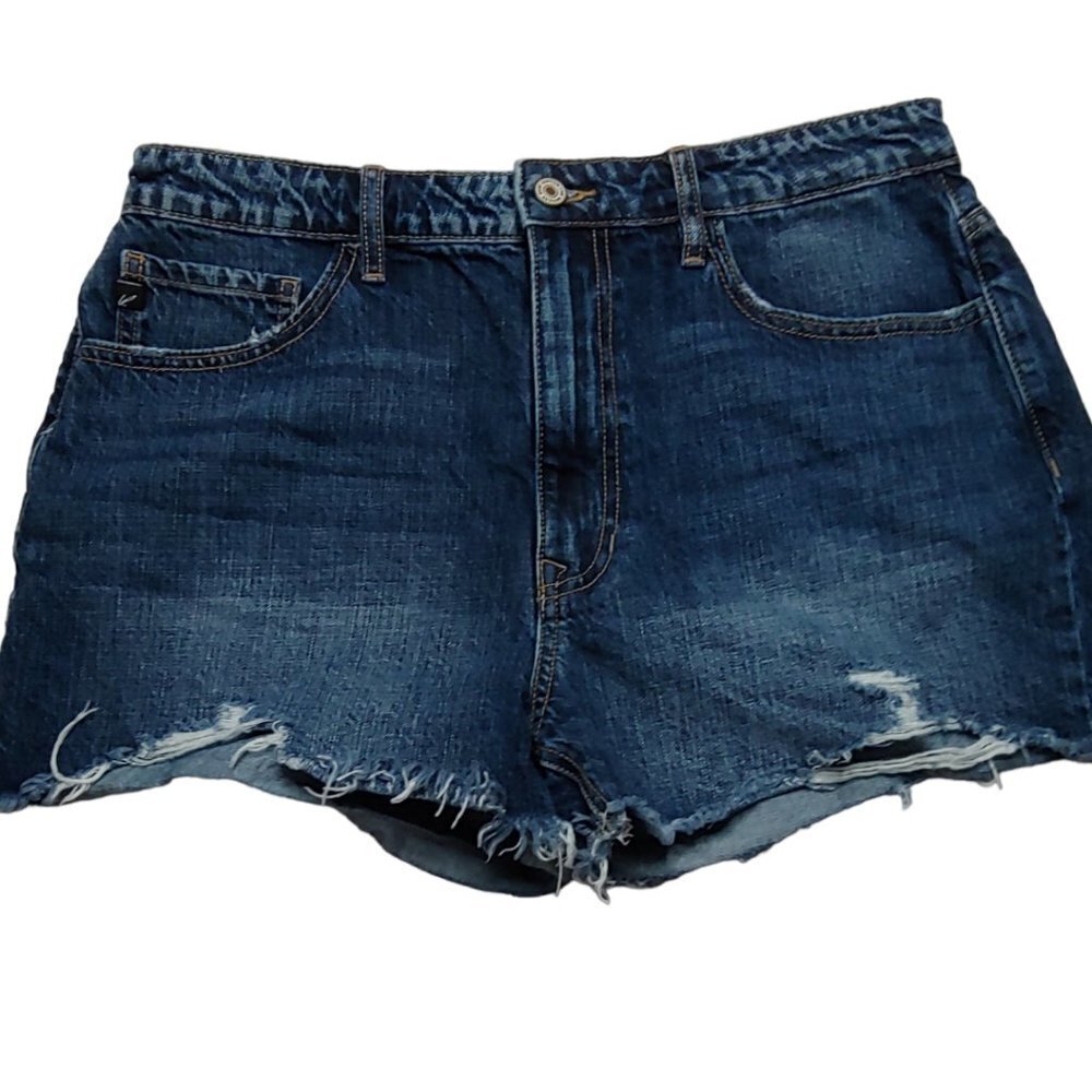 KanCan Jean Shorts Dark Wash High Waist Frayed Hem Size 13/30